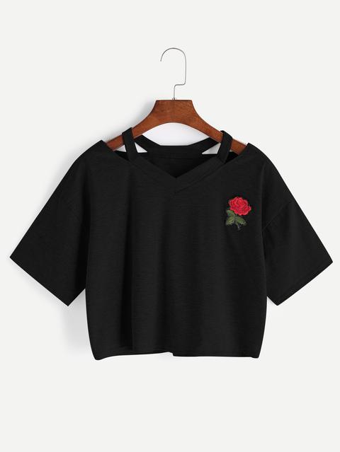 Cut Out V Neckline Rose Patch Slub Tee