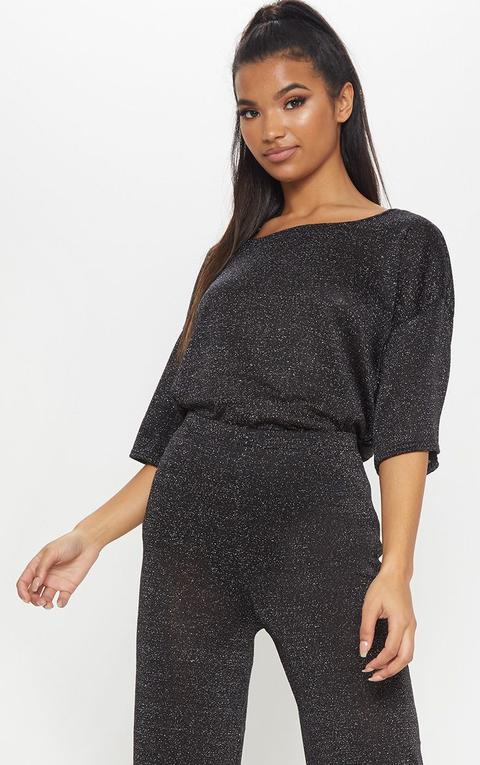 Black Metallic Knitted Wide Leg Co Ord