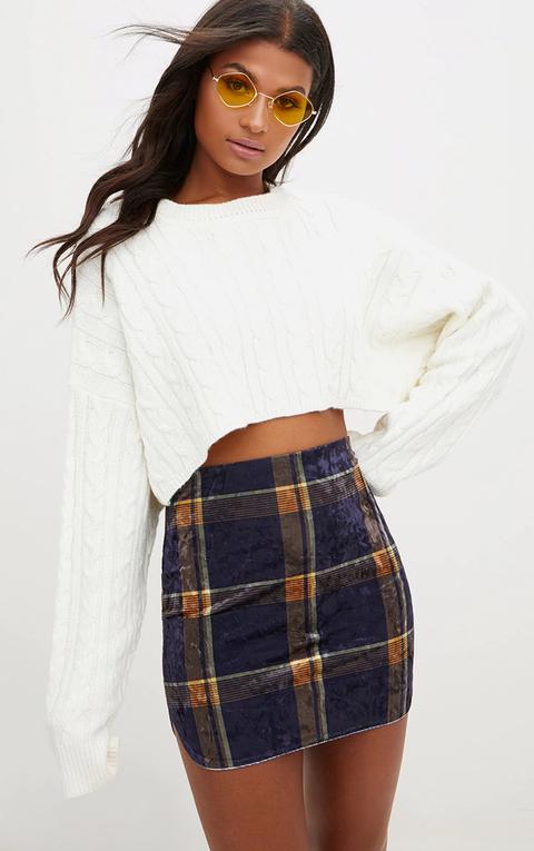 Navy Velvet Check Split Mini Skirt, Blue