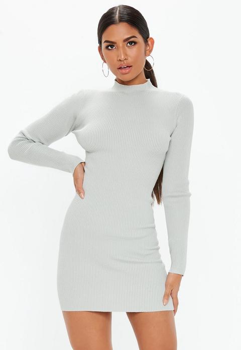 Grey High Neck Knit Mini Dress