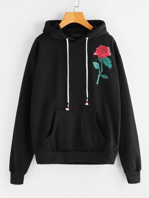 Rose Print Kangaroo Pocket Hoodie