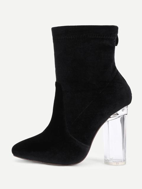 Back Zipper Clear Heeled Velvet Boots