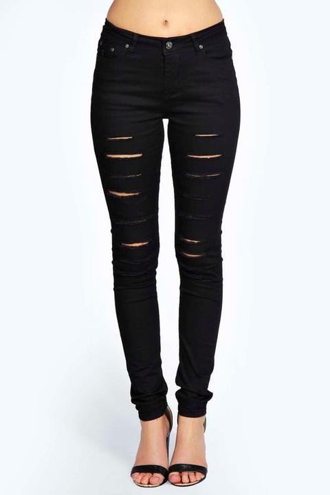 Mid Rise Cut Leg Ripped Skinny Jeans