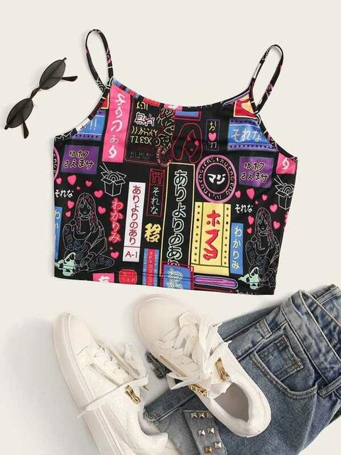 Top De Tirante Corto Con Estampado De Letra Y Figura