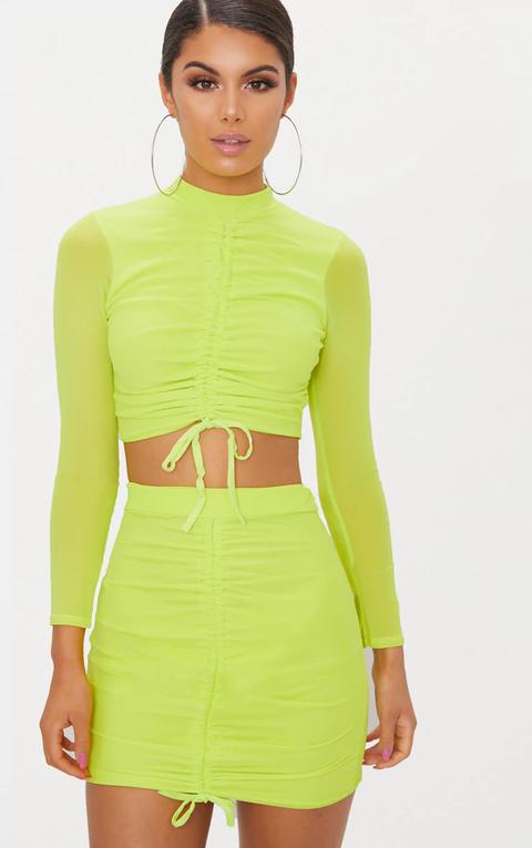 Lime Mesh Ruched Front Long Sleeve Crop Top, Green