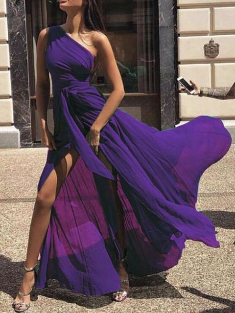 Maxi Vestito Drappeggi Drappeggiati A Fessura Alta Vita Alta Una Spalla Flowy Elegante Viola