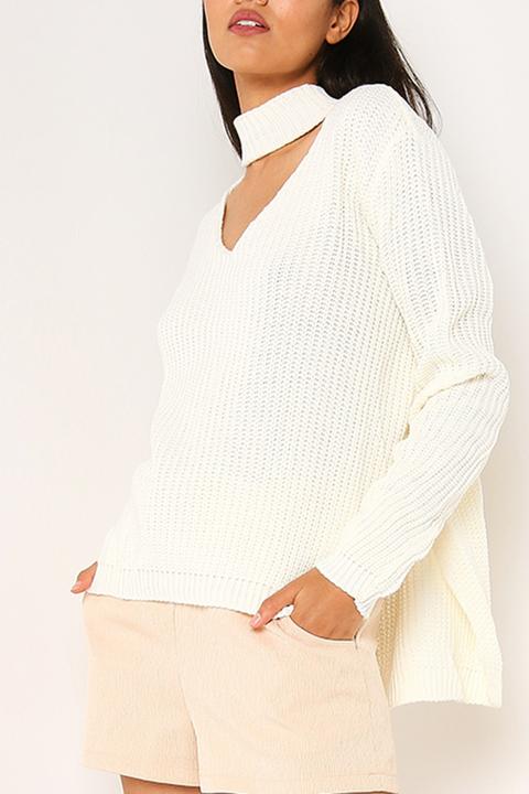 White Choker Neck Dip Hem Jumper