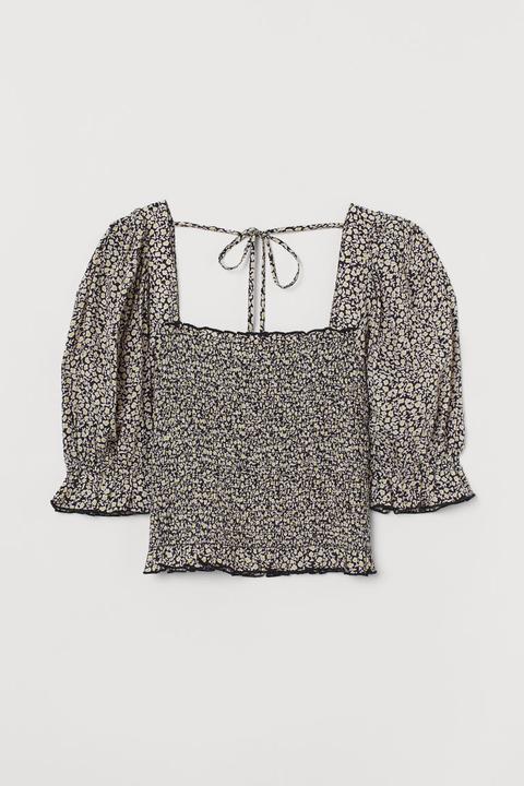 Puff-sleeved Smocked Blouse - Grey