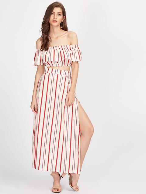 Vertical Striped Ruffle Crop Top With Split Skirt