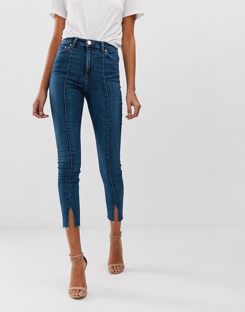 Asos Design - Ridley - Jeans Vita Alta Skinny Blu Medio Slavato Con Cucitura Frontale E Spacco Sul Fondo - Blu