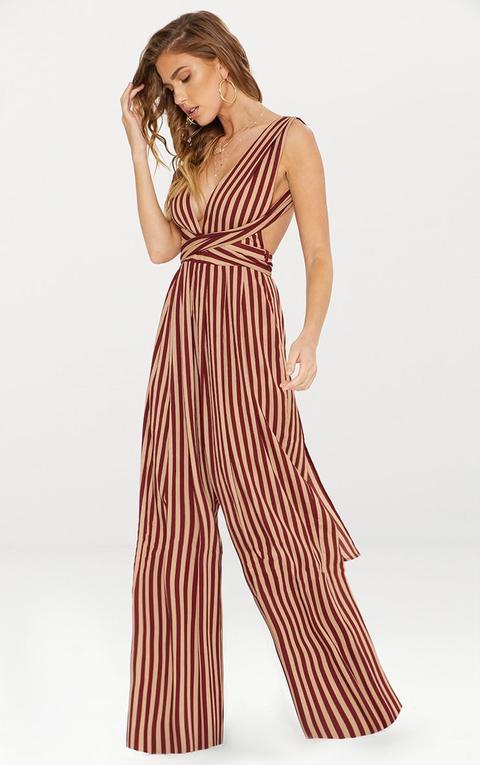 Camel Stripe Tie Waist Jumpsuit, Camel