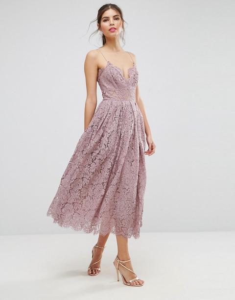 Asos - Vestito Midi Da Cerimonia In Pizzo Con Spalline - Viola