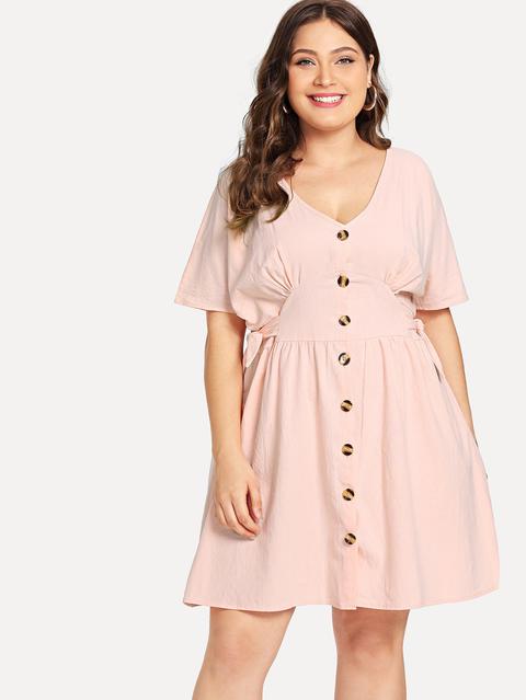 Casuale Puro Bottone Rosa Vestito Taglia Grossa