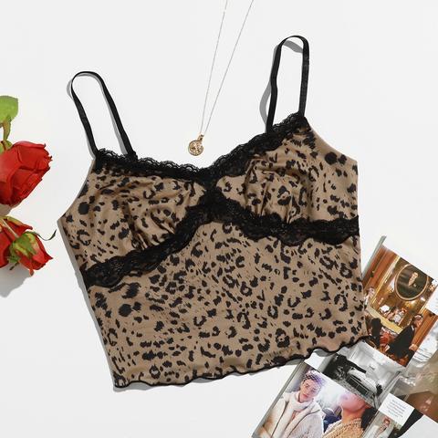 Contrast Lace Detail Lettuce Trim Leopard Cami Top
