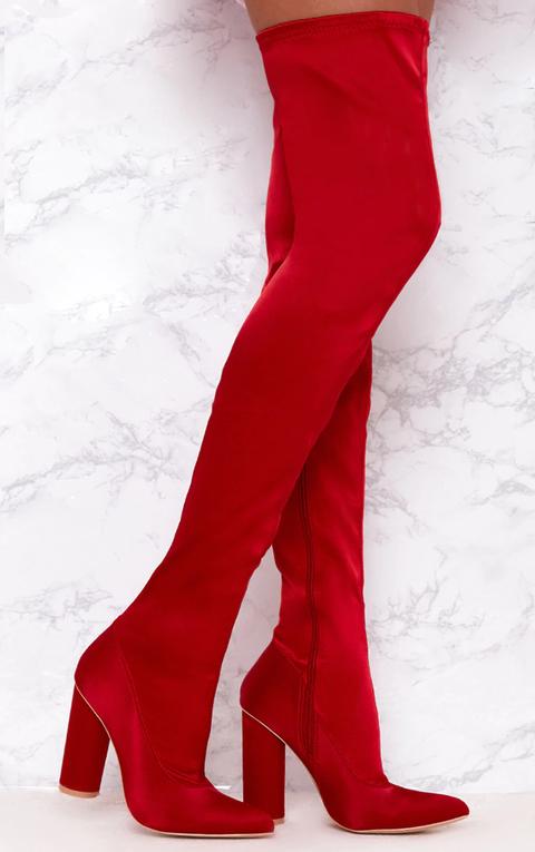 Red Stretch Satin Sock Thigh High Boots 