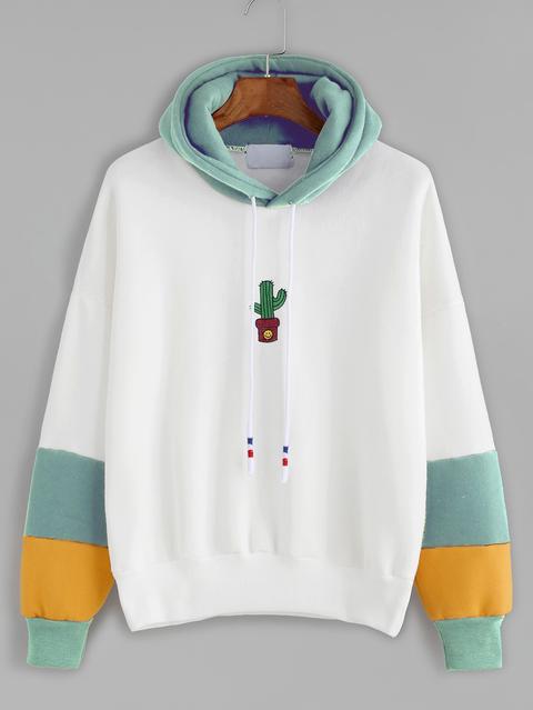 Sudadera De Capucha Con Bordado De Cactus En Contraste