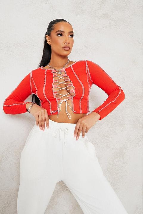 Red Exposed Seam Tie Up Front Long Sleeve Crop Top , Red