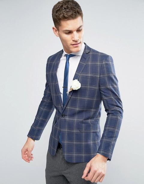 Asos Wedding - Blazer Skinny In Misto Lino Leggero A Quadri - Blu