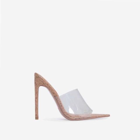 kilo peep toe perspex clear heel mule in nude patent
