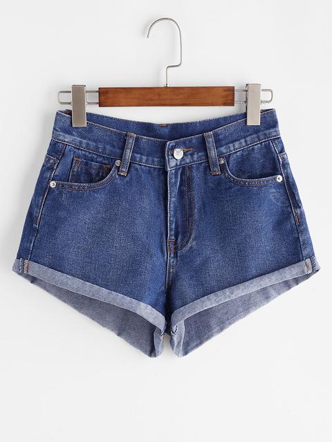 Shorts In Denim Con Risvolto - Blu