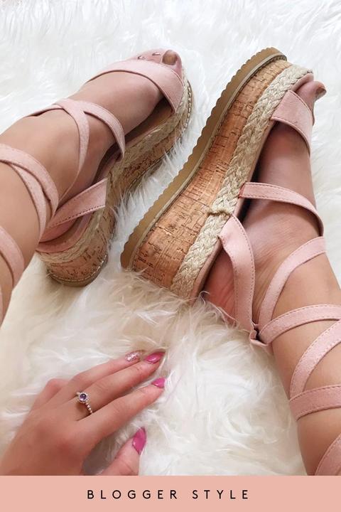 Ariella Pink Suede Tie Up Espadrille Platform Sandals