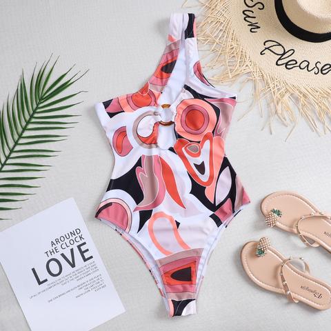 Allover Print One Shoulder One Piece Swimsuit