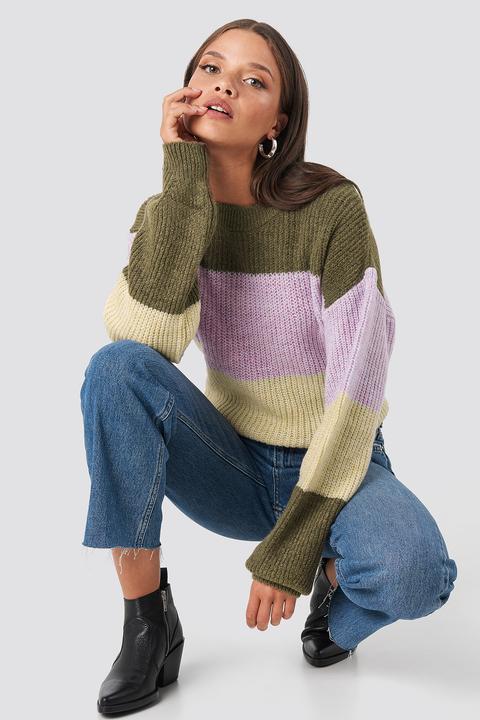 Color Striped Balloon Sleeve Knitted Sweater Mehrfarbig