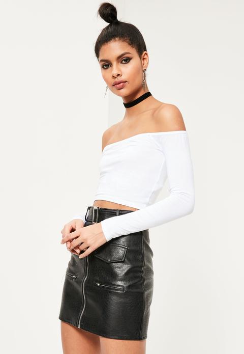 Long Sleeve Jersey Bardot Crop Top White