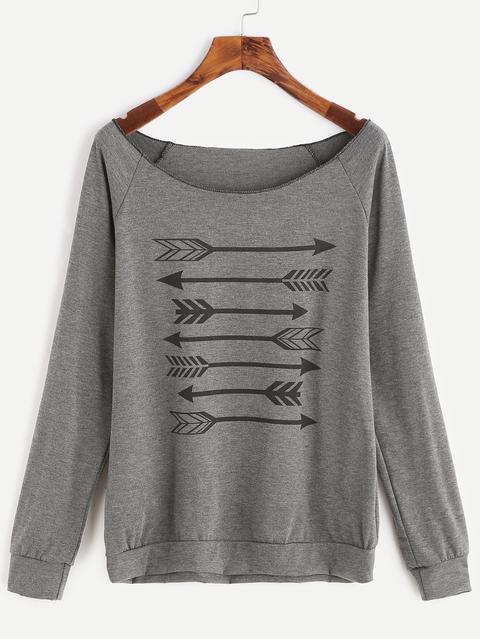 Grey Arrow Print Scoop Neck Raglan Sleeve Sweatshirt