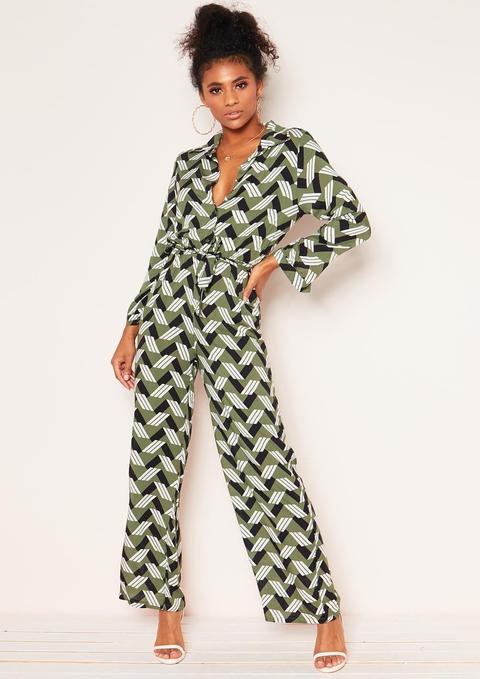 Antonia Khaki Geometric Print Jumpsuit