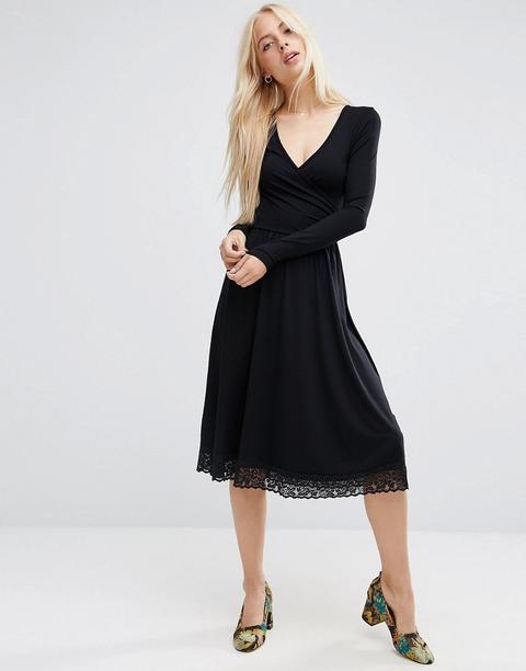 Asos - Vestito Midi Incrociato Con Fondo In Pizzo - Nero