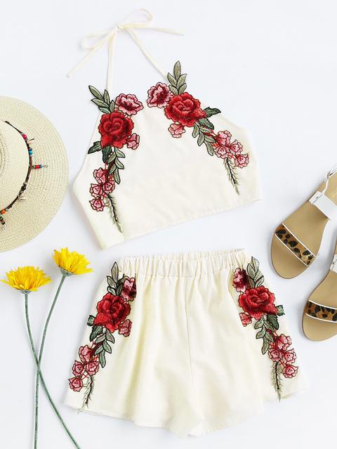 Rose Applique Bow Tie Open Back Top With Shorts