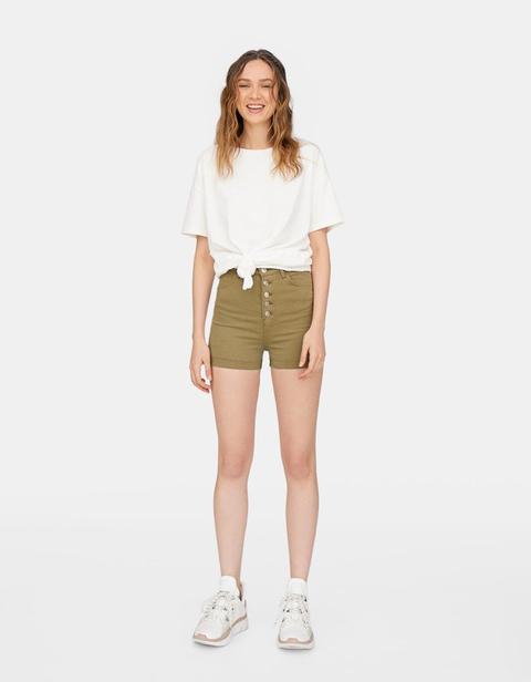 Shorts Super High Waist Con Bottoni Kaki