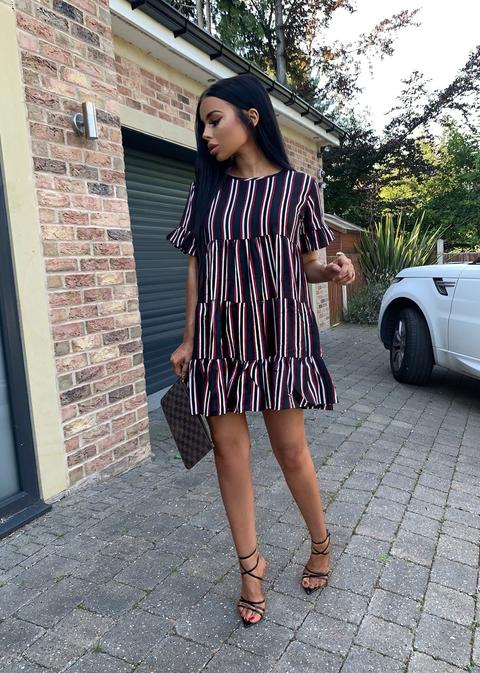 Olah Tiered Frill Sleeve Dress - Striped