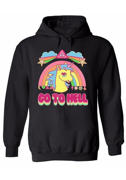 Felpa Stampa Unicorno Girocollo Manica Lunga Cappuccio Casuale Nero