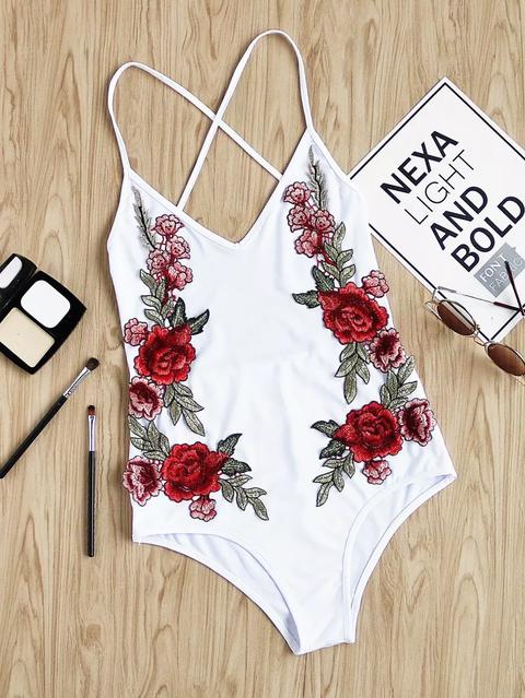 Rose Embroidered Applique Criss Cross Backless Bodysuit