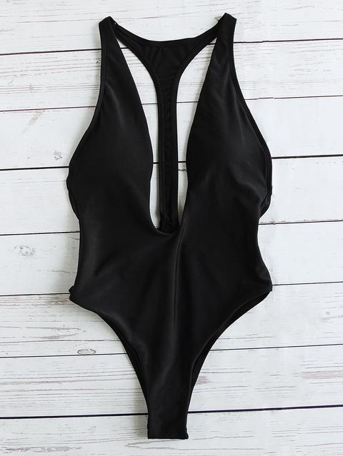 Monokini Sexy Con Cuello En V Profundo - Negro