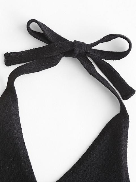Solid Knitted Halter Crop Top Black 