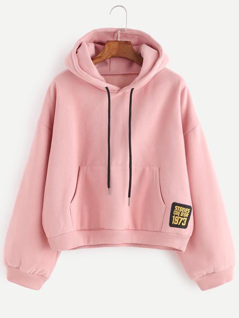 Sudadera Con Capucha Hombro Caído Parche De Bordado - Rosa