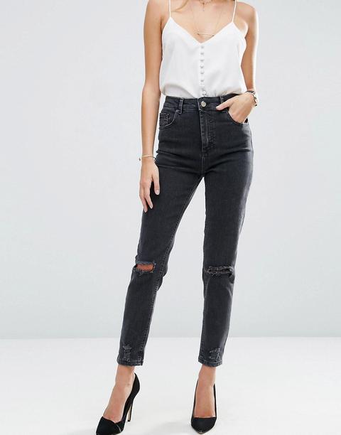 Asos - Farleigh - Mom Jeans Slim A Vita Alta Neri Slavati Con Strappi Sulle Ginocchia - Nero