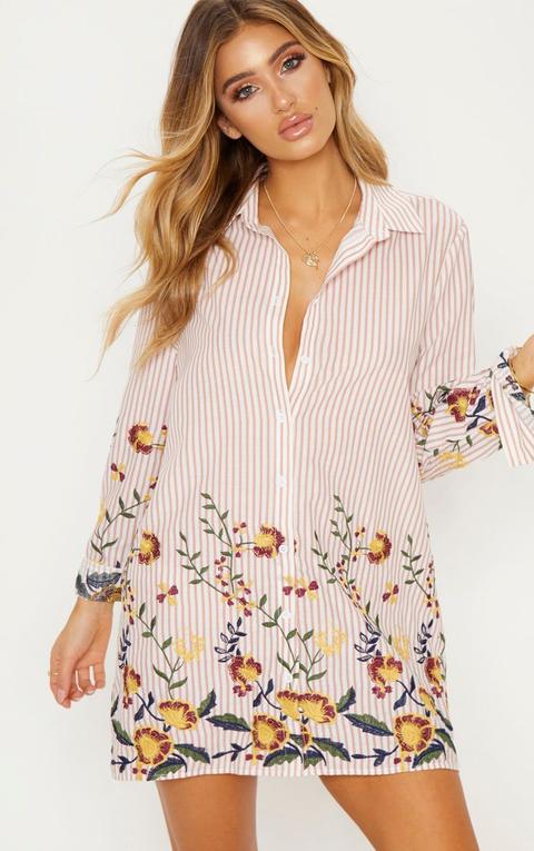 Nude Embroidered Stripe Print Shirt Dress