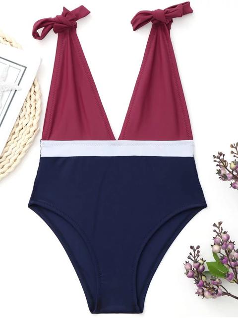 Plungeing Neck Color Block Tied Swimwear
