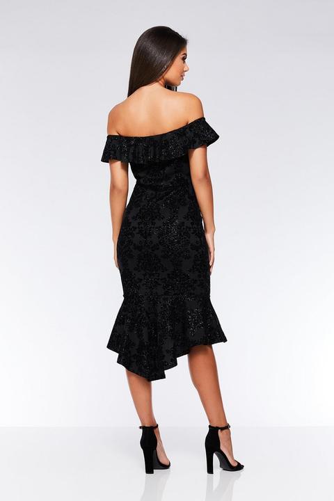 black glitter v bar bardot frill hem dress