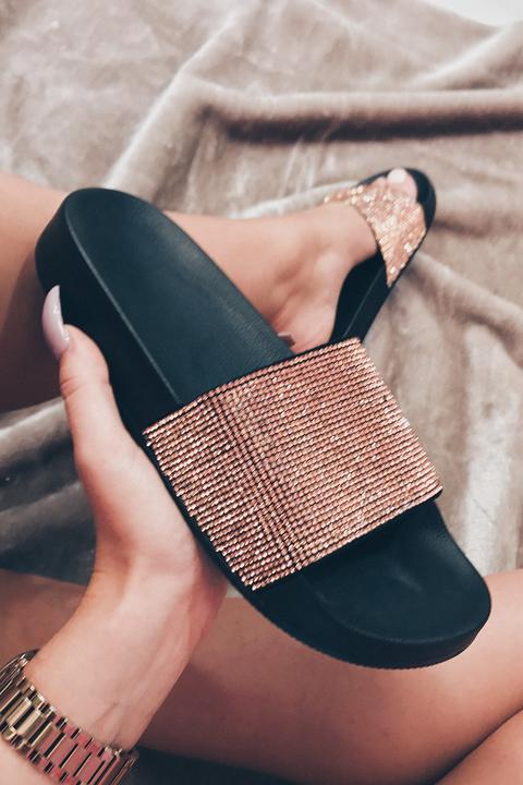 Unicorn Black & Rose Gold Diamante Strap Sliders