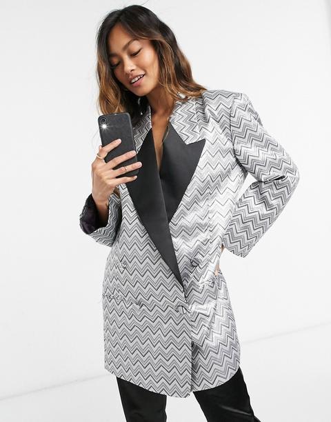 Asos Design - Robe Style Blazer En Jacquard À Motif Zig Zag Avec Revers Contrastants-argenté