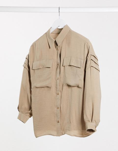 Asos Design Shirt With Pleat Sleeve Detail In Stone