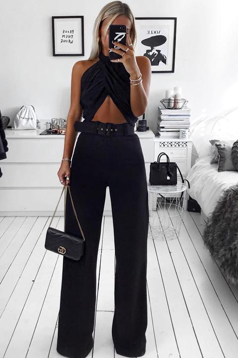 Black Tailored Wide Leg Belted Trousers - Chenelle