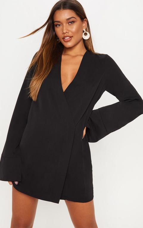 Black Plunge Flare Sleeve Blazer Dress