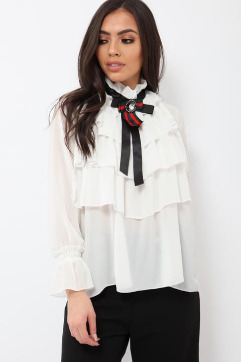 White Sheer Ruffle Blouse With Striped Neck Tie - Viktoria