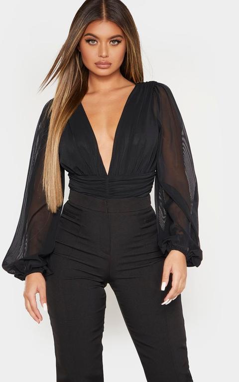 Black Mesh Ruched Waistband Bodysuit